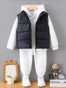 Young Boy Solid Textured Hoodie & Vest Padded Coat & Sweatpants - Black and White - View 1
