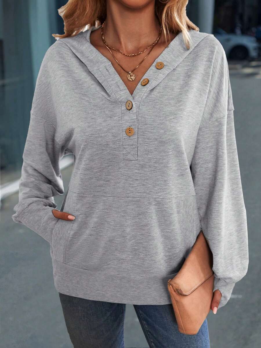 SHEIN LUNE 半排扣落肩袖連帽衫 - 灰色 - 查看 1