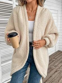 SHEIN Frenchy Thả vai Mở Mặt trước áo có mũ Áo khoác Teddy - Màu be - Xem 4