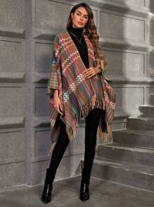 SHEIN Clasi Plaid Pattern Fringe Hem Cloak Sleeve Cape Cardigan - Multicolor - View 1