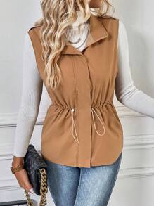 SHEIN LUNE Drawstring Waist Zip Up Vest Coat