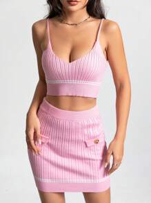 Flirla unicolor Top tejido de tirantes crop & con diseño de solapa Falda de punto