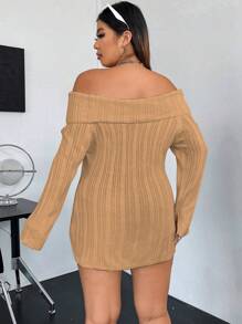Flirla Áo len chui đầu trễ vai cài nút phía trước, kiểu dáng thu đông. - Màu be - Xem 3