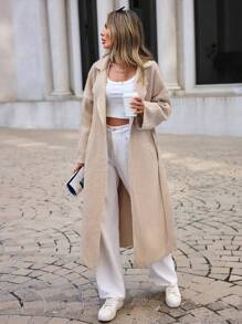 EURMUSE Lapel Neck Drop Shoulder Belted Overcoat - Beige - View 3