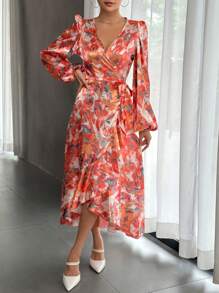 SHEIN Privé 滿版印花燈籠袖側打結圍裹式洋裝 - 橘色 - 查看 5