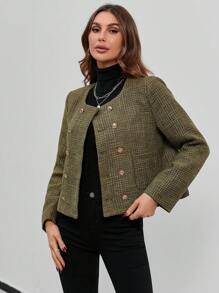 SHEIN Privé 格紋印花雙排釦花呢外套 - 橄欖綠 - 查看 5