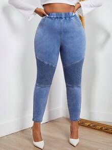 SHEIN SXY 大碼彈性腰帶緊身牛仔褲 - 淺色水洗藍 - 查看 3