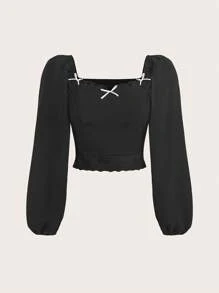 SHEIN Unity Blusa elegante de manga larga con ajuste ceñido, parche de encaje y decoración de lazo deunicoloro - Negro - Ver 1