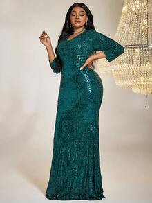 Plus Mermaid Hem Sequin Formal Dress - Green - View 5