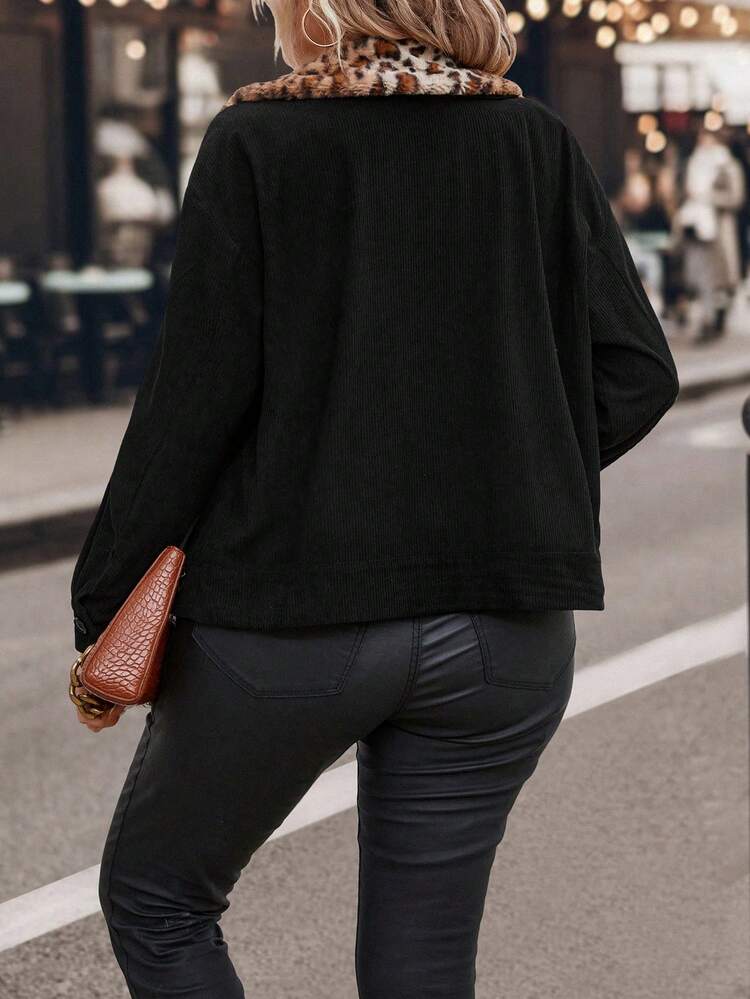 Plus Leopard Borg Collar Drop Shoulder Corduroy Jacket
