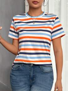 SHEIN Frenchy Striped Print Round Neck Tee