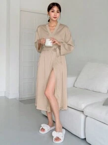 DAZY Solid Belted Wrap Robe Pajama Fall,Winter - Khaki - View 3