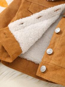 SHEIN 女小童羊絨領口毛絨內襯夾克和牛仔效果印花長褲 - 卡其色 - 查看 4