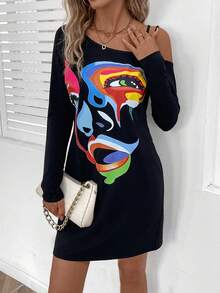 SHEIN LUNE Figure Graphic Asymmetrical Neck Tee Dress - Black - View 4