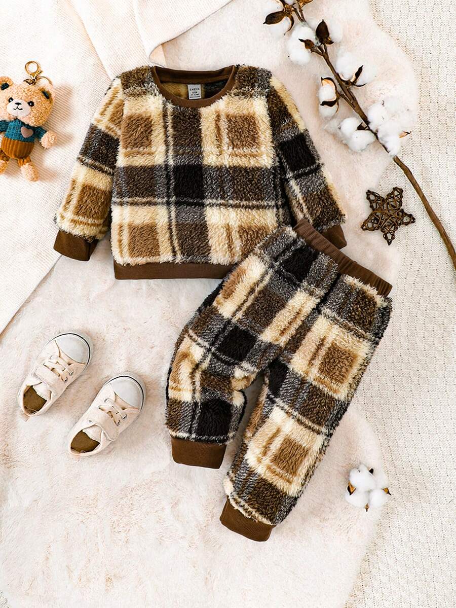 男嬰格紋印花絨毛衛衣和褲子 - 彩色 - 查看 1
