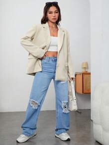 SHEIN EZwear 西裝領翻蓋細節單排釦西裝外套 - 卡其色 - 查看 5