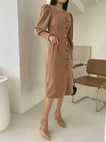 DAZY Plicated Detail Button Front Puff Sleeve Dress - Orange - View 9