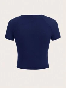 SHEIN EZwear Mùa hè Thư được vá Cổ cao Thả vai Teddy Áo nỉ - Màu xanh hải quân - Xem 2