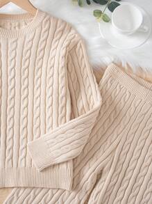SHEIN Tween Girl Solid Sweater & Cable Knit Pants - Apricot - View 5