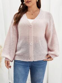 SHEIN Frenchy Plus Drop Shoulder Button Front Cardigan - Pink - View 5