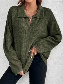 SHEIN Frenchy Pullover mit Einfarbig Drop Shoulder Rippenstrick - Grün - Übersicht 3