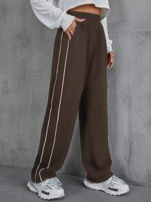 SHEIN EZwear Contrast Piping Elastic Waist Sweatpants - Coffee Brown - View 4