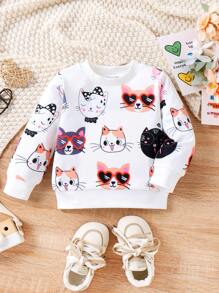 Toddler Girls' Cute Cat Print Crew Neck Long Sleeve Sweatshirt - White - View 1