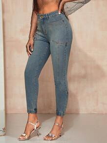 SHEIN BAE High Waist Skinny Cropped Jeans - Blue - View 4