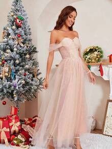 YUMIBRAVO Off Shoulder Mesh Overlay Cocktail Dress - Coral Pink - View 3