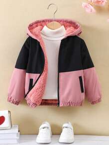 SHEIN 女小童1入組雙色毛絨內襯連帽夾克 - 彩色 - 查看 1