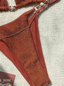 SHEIN Swim Bộ đồ tắm Bikini tam giác lấp lánh trên bãi biển mùa hè - Rỉ Nâu - Xem 6