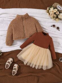 SHEIN 女嬰拉鏈開襟夾克&網紗覆蓋洋裝 - 卡其色 - 查看 1