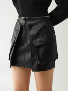 Anewsta 翻蓋口袋拉鏈門襟PU皮革半身裙 - 黑色 - 查看 1