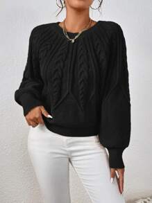 EMERY ROSE Cable Knit Raglan Lantern Sleeve Sweater,Long Sleeve Tops Knit Pullover Fall Winter Sweater - Black - View 3