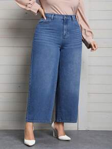 SHEIN Privé 大碼拉鏈門襟闊腿牛仔褲 - 藍色 - 查看 5