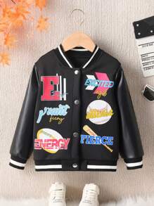 SHEIN 女小童字母圖案條紋飾邊學院風夾克 - 黑色 - 查看 3