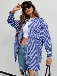SHEIN Frenchy Striped Print Drop Shoulder Flap Pocket Shirt - Blue and White - View 6