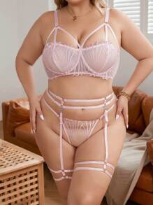 大碼網紗鋼圈吊帶襪內衣套裝 - 粉色 - 查看 1