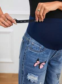 SHEIN Maternity Butterfly Print Ripped Straight Leg Jeans