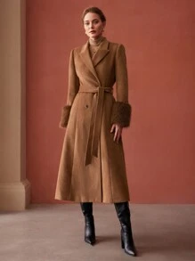 MOTF PREMIUM WOOL-BLEND FAUX FUR CUFF COAT - Camel - View 6