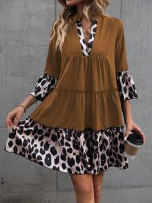 EMERY ROSE Leopard Print Flounce Sleeve Ruffle Hem Smock Dress - Brown - View 6