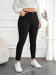 SHEIN Cottnline Plus Size  High Waist Skinny Jeans - Black - View 3