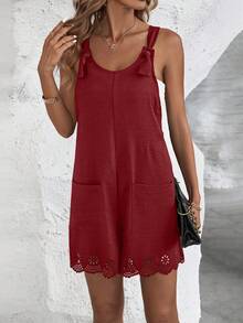 SHEIN LUNE Laser Cut Scallop Trim Dual Pocket Scallop Trim Cami Romper - Burgundy - View 4