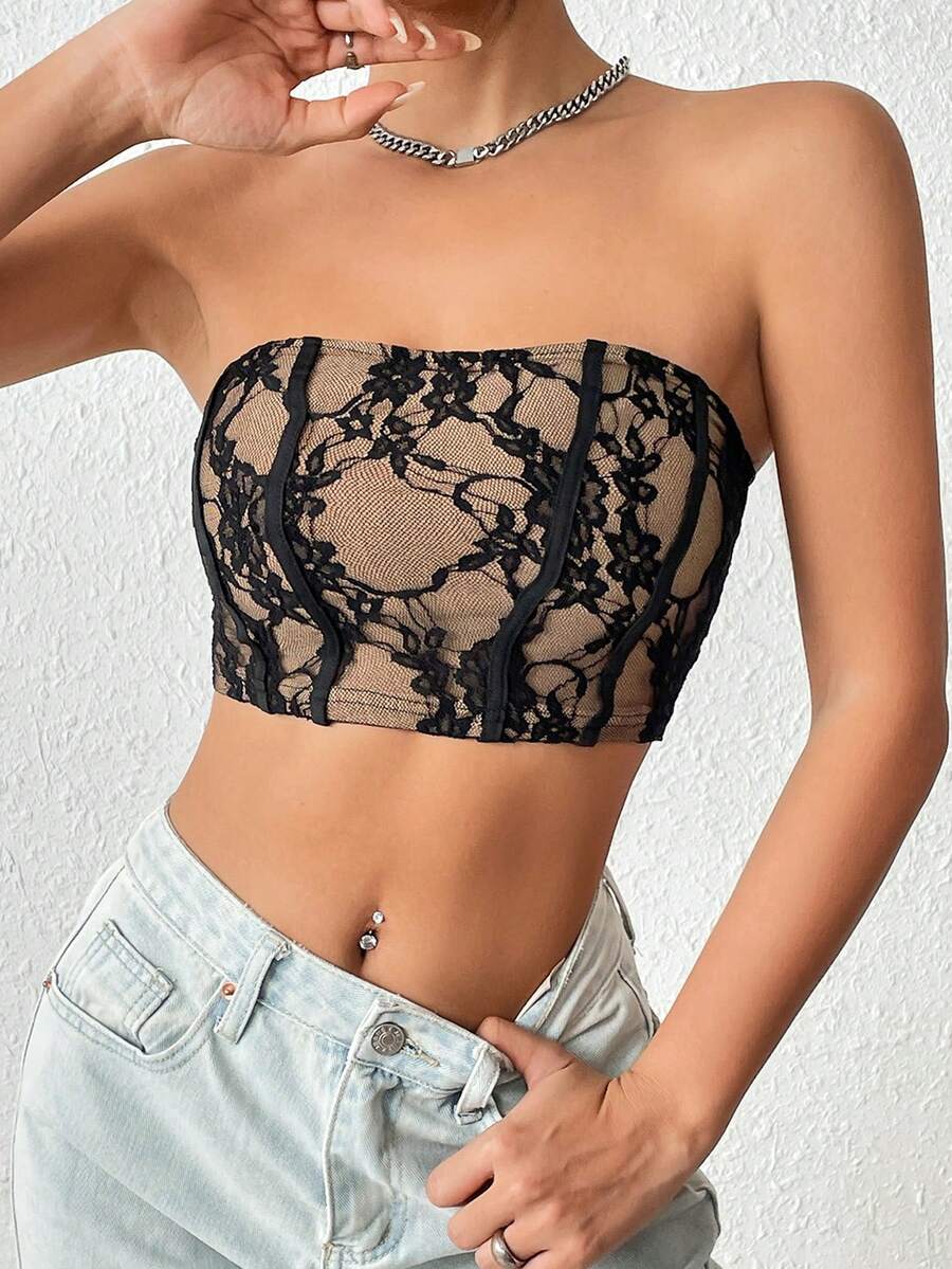 SHEIN Unity 蕾絲花邊短款抹胸上衣 - 彩色 - 查看 1