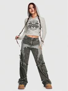 ROMWE Grunge Punk Raw Trim Flap Pocket Side Cargo Boy Friend Jeans, School