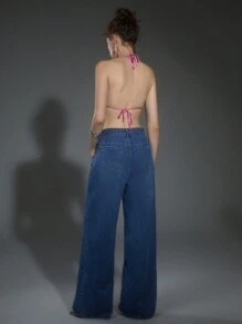 SHEIN Allurite 垂領後背繫帶水鑽繞頸短上衣 - 玫紅色 - 查看 6