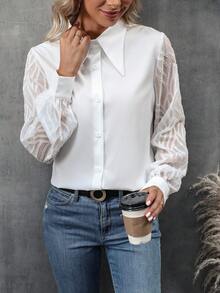 SHEIN Frenchy 網紗拼接燈籠袖前紐扣襯衫 - 白色 - 查看 6
