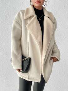 SHEIN Frenchy Lapel Neck Drop Shoulder Teddy Lined Zipper Coat Winter Casual - Apricot - View 5