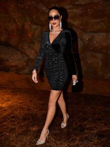 Chiquease Surplice cổ Viền ven Pha lê Váy bodycon - màu đen - Xem 3