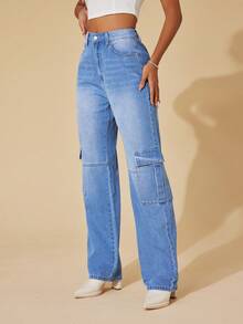 SHEIN BAE Flap Pocket Cargo Jeans - Light Wash - View 4